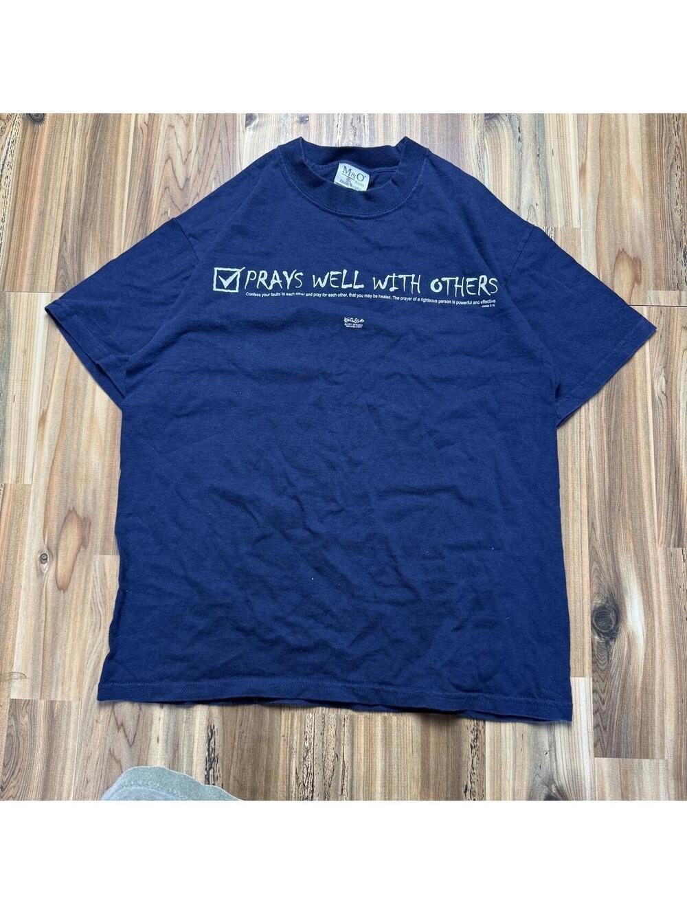 Y2K Navy Blue Cotton T-Shirt 'PRAYS WELL WITH OTHERS'